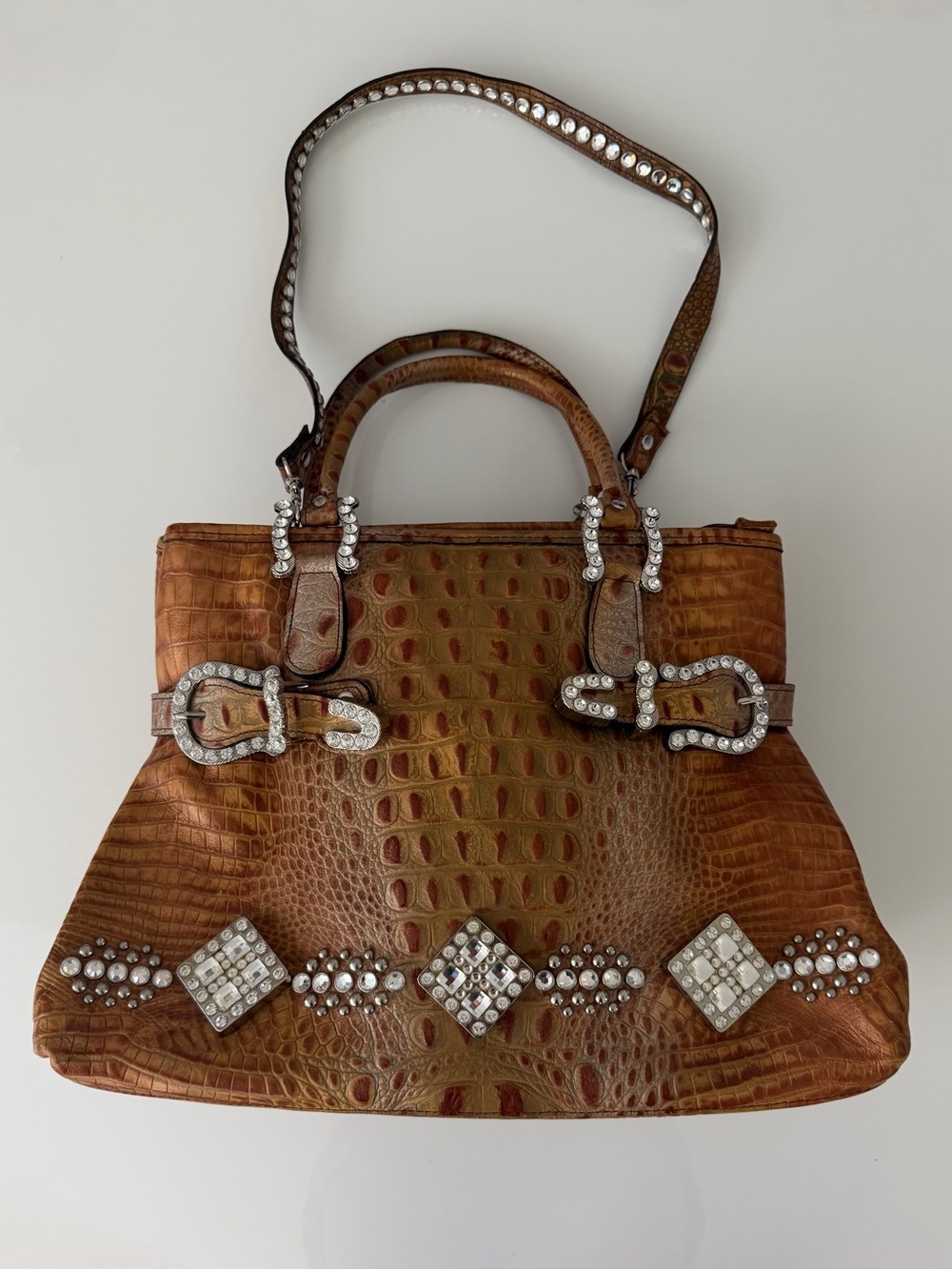 Raviani Garland TX Croc Embossed Rhinestone Satchel Bag EUC